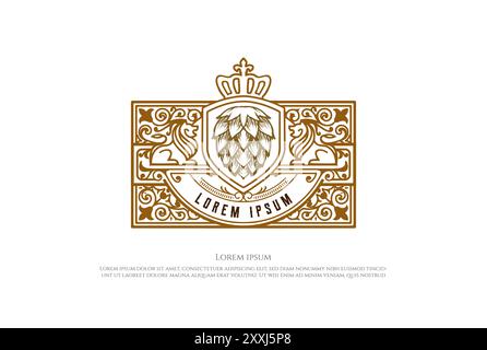 Elegant Luxury Shield Lion King Crown with Hop for Craft Beer Brewing Brewery Badge Emblem Label Logo Design Vector Stock Vector