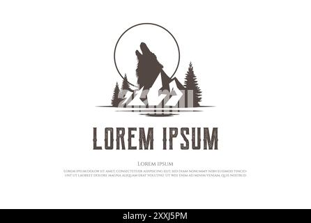 Vintage Retro Moon Howling Wolf with Pine Trees Forest and Ice Snow Mountain Logo Design Vector Stock Vector