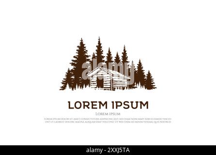 Pine Cedar Spruce Conifer Evergreen Fir Larch Hemlock Cypress Trees Forest with Wooden Cabin Chalet Cottage Barn Logo Design Vector Stock Vector