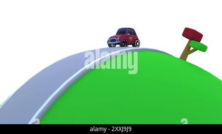 3D red car on sphere landscaper road 3d render Stock Photo