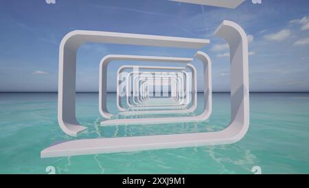 3D interior of a modern villa on the sea 3d render Stock Photo