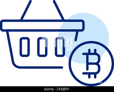 Shopping basket with bitcoin symbol. Purchasing good with cryptocurrency payment method. Pixel perfect, editable stroke icon Stock Vector