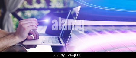 The concept of transferring data with one click to the Internet and cloud services. Stock Photo
