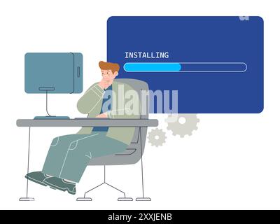Install operating system installing OS loading load upgrade update new version software PC computer blue screen Stock Vector