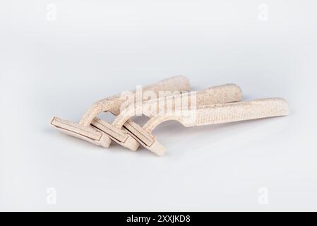 Collection of disposable razor isolated on white background. razor to use and throw away. razor zero waste on white background  Stock Photo