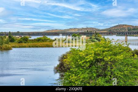 The Iron Railway Bridge over the Guadiana (inaugurated in 1883) is the maximum exponent of this type of architecture in Merida Stock Photo