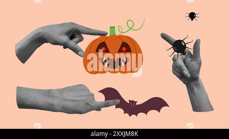Halloween halftone collage set hands. Cut paper. Hand gestures. Creepy pumpkin vampire. Effect cut paper from newspaper. Modern design banner poster festive party advertising materials. Vector. Stock Vector