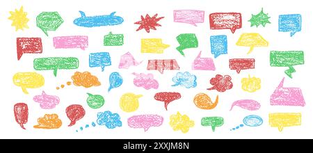 Set of fun speech bubbles for chat. Comic frame templates for dialogues. Collection of children speech balloons handwriting with wax pen. Colorful Stock Vector