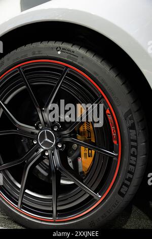 Mercedes Benz Mercedes - AMG GT 63 S E Car Front Tires and Alloy Wheel Stock Photo