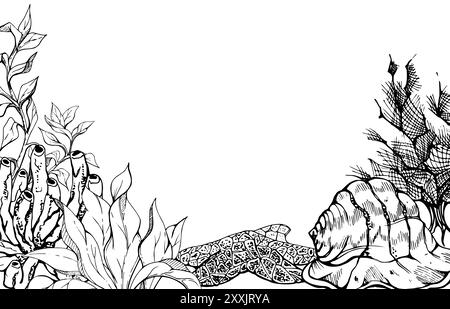 Marine life, sea ocean underwater creatures fish, shells algae seaweed, Ink and pen sketch hand drawn. Border frame illustration, stylized, isolated Stock Vector