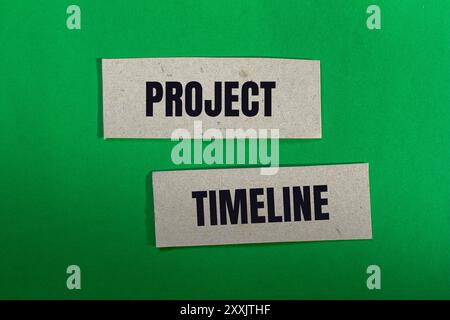 Project timeline message written on paper pieces with green background. Conceptual project timeline symbol. Copy space. Stock Photo