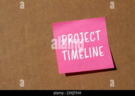 Project timeline message written on pink paper with cardboard background. Conceptual project timeline symbol. Copy space. Stock Photo