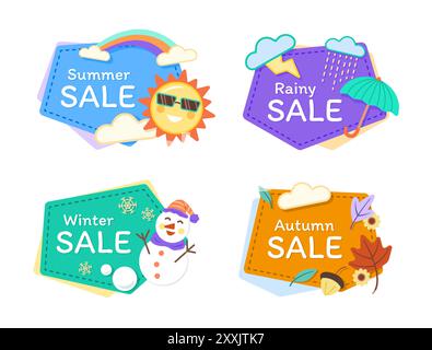 Set of Sale Labels with Cute Seasonal Cartoon Characters for Special Discount Promotion and Marketing Concept Clip Art Stock Vector