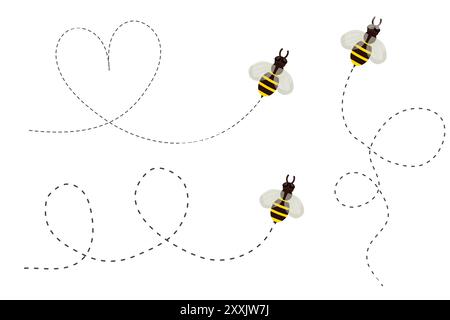Bee flying doted path, line way. Bumblebee fly route journey for travel. Honey product design, Bee with cute wings. Vector illustration Stock Vector