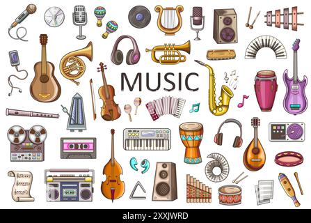 Different Instruments Drawn Set of different musical instruments on a white background. Hand drawn ...