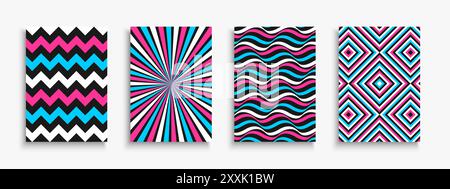 Collection of bright color posters with abstract geometric striped print. Trendy modern templates, placards, brochures, banners, flyers, backgrounds Stock Vector