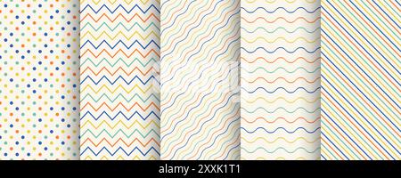 Collection of color geometric seamless minimalistic delicate patterns. Simple dotted and striped outline textures - repeatable cute unusual Stock Vector