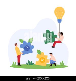 Creative solution to difficult problem, decision making. Tiny people with bright light bulb choose right piece to solve puzzle, question mark, tick and cross inside parts cartoon vector illustration Stock Vector