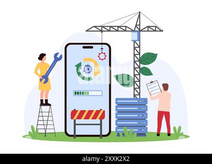 Software version and system, mobile app update online. Tiny people of professional maintenance service upload and control upgrade report, circle arrows on smartphone screen cartoon vector illustration Stock Vector