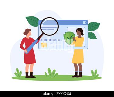 ID card, digital data protection, cyber security. Tiny people investigate and analyze user unique information with magnifying glass, protect electronic document with shield cartoon vector illustration Stock Vector
