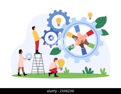 Team members working together, assembling large gears with hands joined inside one gear. Represents unity, teamwork, and collaborative problem-solving vector illustration. Stock Vector
