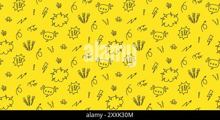 Minimalist seamless pattern in 90s comic style. Speech bubbles, exclamation marks, lightning bolts, accent lines and abstract shapes in black outline Stock Vector
