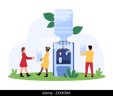 Office dispenser with big plastic gallon, modern machine with cold and hot drinking water or beverage. Tiny people get fresh healthy water in office cooler to drink cartoon vector illustration Stock Vector