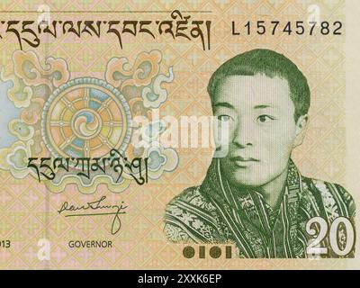 Portrait o King Jigme Dorji Wangchuck from Bhutan twenty Ngultrum Banknote Stock Photo