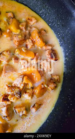 Fried eggs with mushrooms and yellow tomatoes in a frying pan. Home cooking. Vertical photo Stock Photo