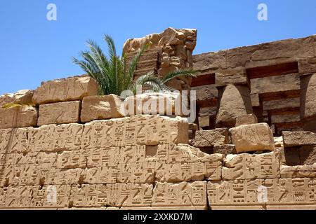 The ruins at Karnak temple complex showcase intricately carved hieroglyphs and bas reliefs on ancient stone walls, highlighting Egypt's rich history. Stock Photo