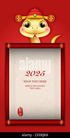 Chinese new year of cute cartoon snake and Chinese style red scroll paper template. Chinese translation : New year Stock Vector