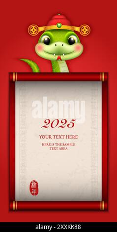 Chinese new year of cute cartoon snake and Chinese style red scroll paper template. Chinese translation : New year Stock Vector