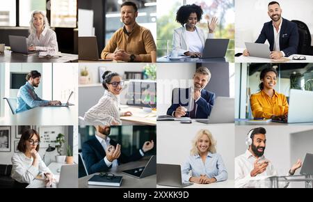 Group of Professionals Engaging in Virtual Meetings From Home Offices Stock Photo