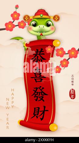 Chinese new year of cute cartoon snake and Chinese style red scroll paper template. Chinese translation : May you be prosperous Stock Vector