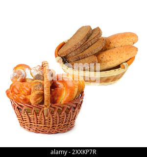 Bread and sweet pastries in wicker baskets isolated on white background. Collage. Stock Photo