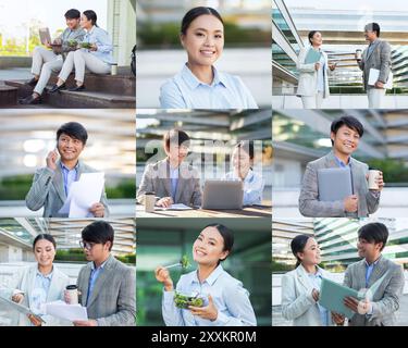 Young Business Professionals Collaborating and Engaging in Various Activities Outdoors Stock Photo