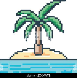 Pixelated palm tree on a small island. A pixelated illustration of a palm tree on a small island in the ocean, perfect for representing tropical desti Stock Vector