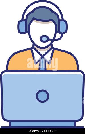 Online support agent illustration. Simple, colorful icon depicting a support agent using a laptop.  Great for websites and apps needing customer servi Stock Vector