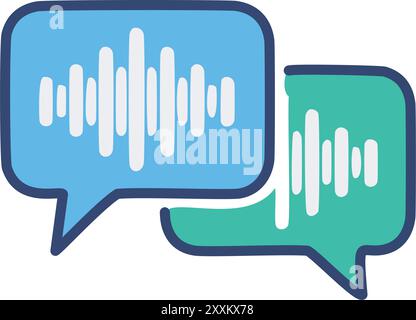 Voice message chat bubbles illustration. Colorful graphic of two chat bubbles with audio wave symbols. Perfect for communication, conversation, and au Stock Vector