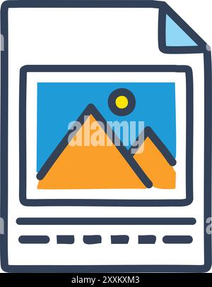 Simple image file icon. Colorful line art icon of a simple picture file with mountains inside. Stock Vector