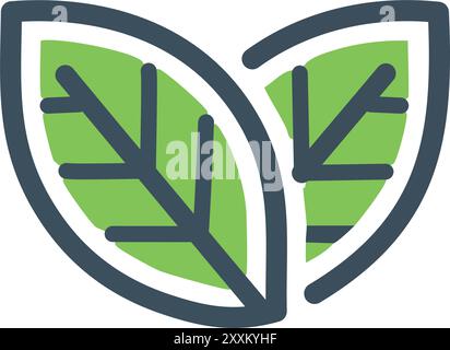 Green leaves eco symbol illustration. Simple icon of two green leaves, representing nature, sustainability, and eco-friendly products. Stock Vector