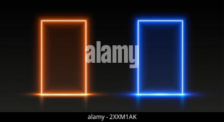 Neon doors, orange and blue glowing portals, futuristic gates, magic LED frames. Stock Vector