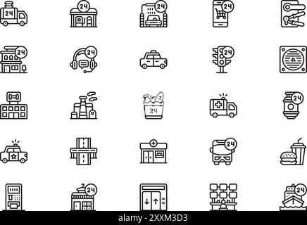 Hours service icons collection is a vector illustration with editable stroke. Stock Vector