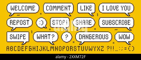 Pixel speech bubbles set. Dialogue boxes with worlds isolated on yellow background. Pixeled alphabet letters, game font and punctuation marks. Message frame with text. Chat clouds in 8bit retro style Stock Vector