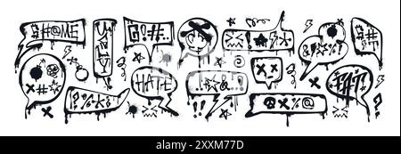 Graffiti spray paint speech bubbles with curses, insults, offensive words, skull, censored. Hand drawn ink talk frames, dialogue box or text balloons with swearwords. Aggressive emotions and profanity Stock Vector