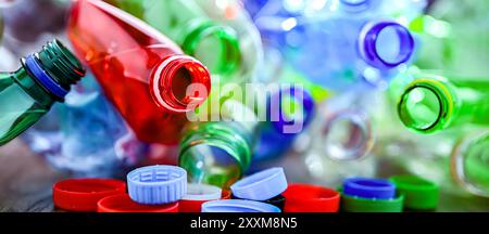 Empty colored drink bottles. Recyclable plastic waste. Stock Photo