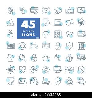 Security vector icon set. Cyber lock, password, unlock. Guard, shield, home security system icons. Eye access, electronic check, firewall. Internet pr Stock Vector