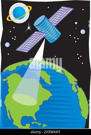 Satellite placed in orbit around the earth or moon or another planet in order to collect information or for communication vector Stock Vector