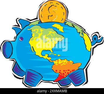 Piggy Bank with World Map Symbol of Global Economy Vector Cartoon with a golden coin over it. Finance donate banking business concept. Stock Vector
