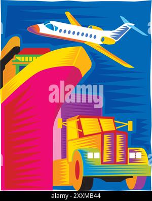 Global business logistics import export of containers cargo freight ship loading at port by crane, container transport, cargo plane Stock Vector